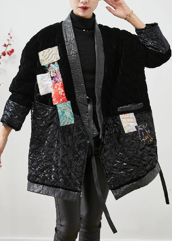 Fashion-Forward Styles At Incredible Discounts Modern Black Lace Up Patchwork Silk Velour Cotton Filled Coat Winter