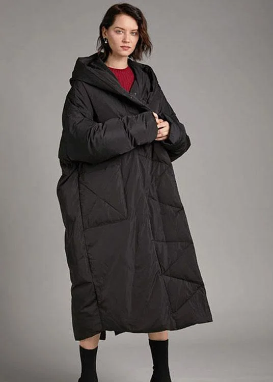 Luxury Women's Clothes Handmade Black hooded Pockets Loose Winter Down Coat