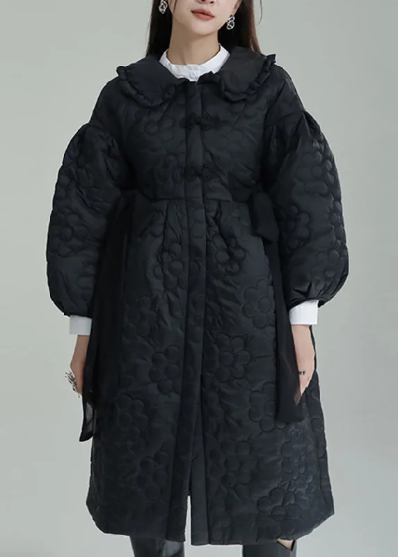 Timeless Women's Outfit Black Embossed Cotton Filled Coat Peter Pan Collar Lantern Sleeve