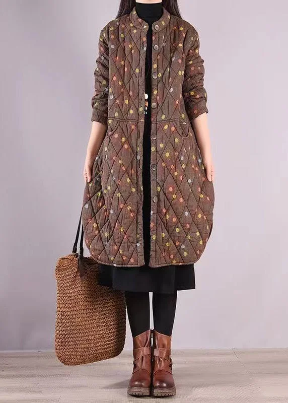 Stylish Women's Clothing Coffee Print Pockets Patchwork Fine Cotton Filled Coats Stand Collar Winter