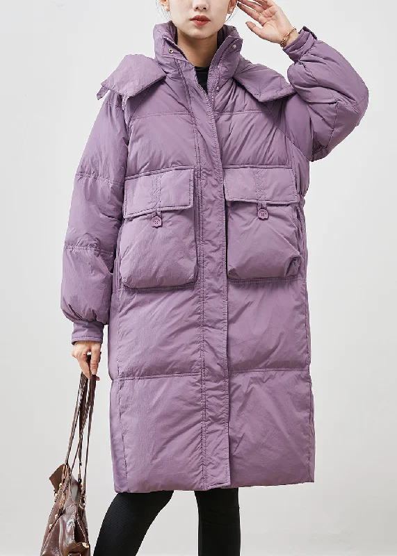 Stylish Women's Outerwear Apparel Unique Purple Hooded Pockets Duck Down Puffers Jackets Winter