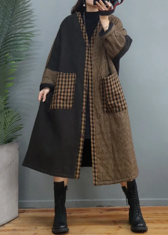 Women's Comfortable Apparel Vintage Coffee Plaid Pockets Patchwork Thick Long Coat Fall