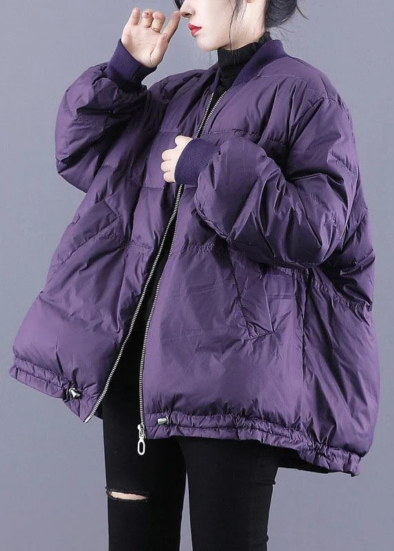 Women's Clothes For The Office Luxury Purple Zippered Pockets Drawstring Winter Down Coats Long sleeve