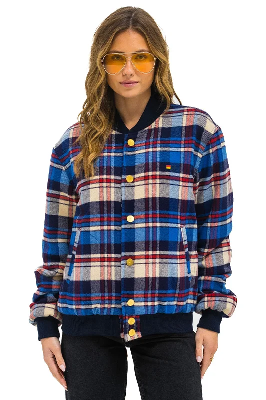 Trendy Clothing, Unbeatable Disco PLAID UNISEX VARSITY JACKET - PATRIOT PLAID