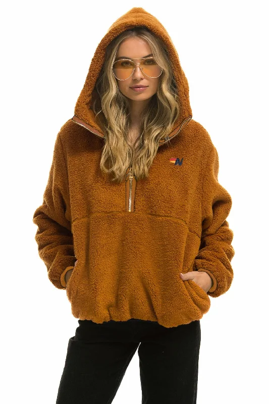 Women's Vintage Garments TEDDY UNISEX HOODED HALF ZIP JACKET - WHISKEY