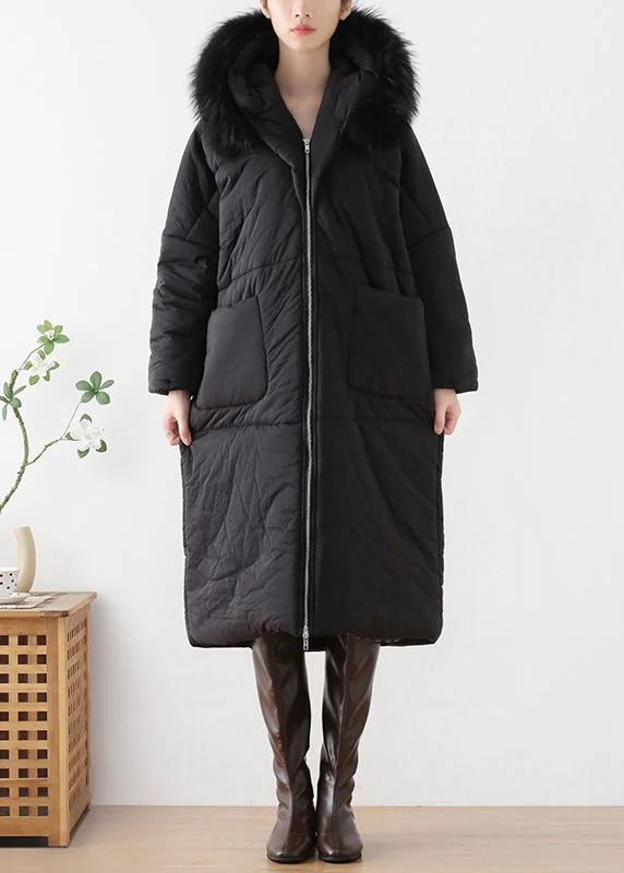 Women's Clothing For Work Loose Black Fur Collar Thick Hooded Maxi Parka Winter