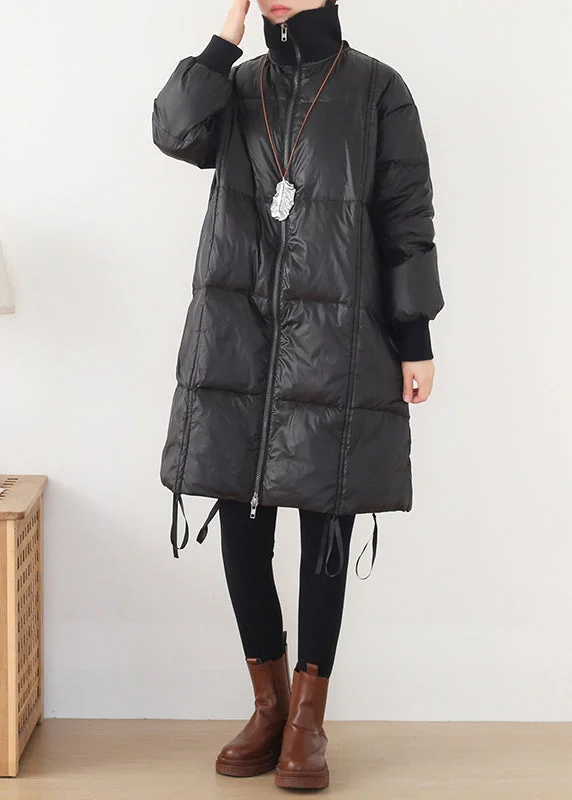 Luxury Women's Clothing Art Black Stand Collar Drawstring Zippered Duck Down Long Down Coats Winter