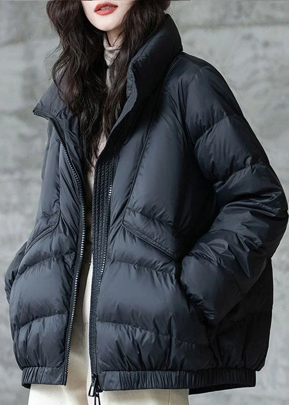 Women's Activewear Garments Plus Size Black Stand Collar Zip Up Thick Duck Down Winter Coats