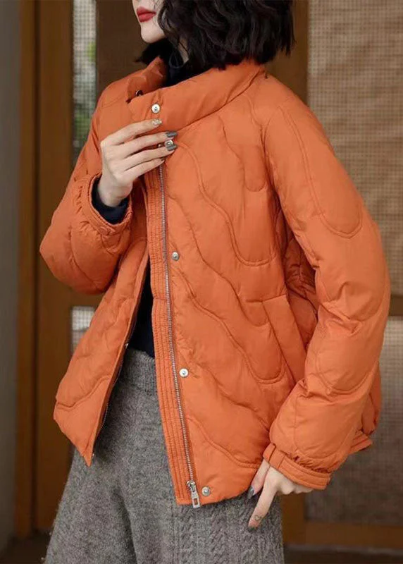 Women's Casual Garments French Orange Stand Collar Zip Up Duck Down Jackets Winter