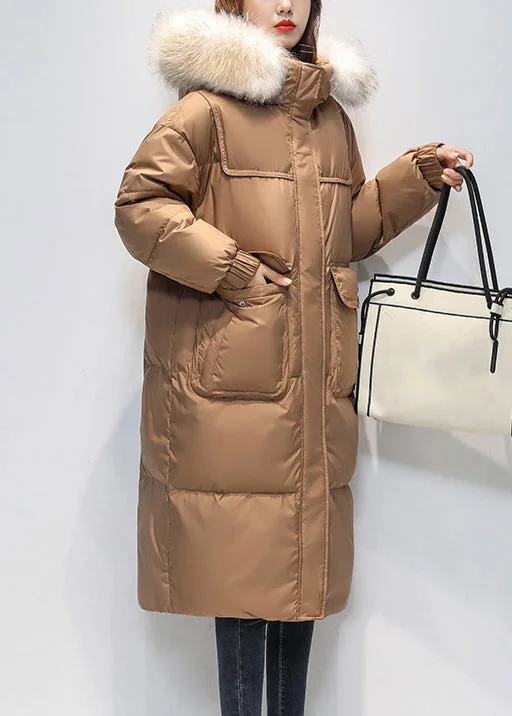 Luxury Women's Clothing Loose Coffee Fur Collar Hooded Pockets Duck Down Long Coat Winter