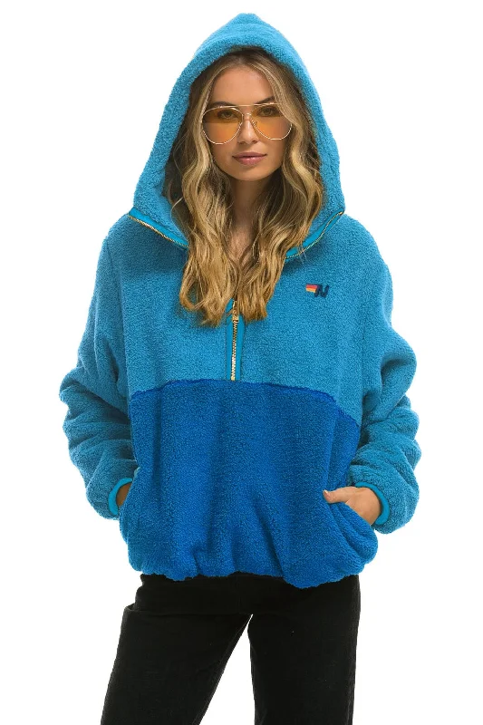 Women's Vacation Garments TEDDY UNISEX HOODED HALF ZIP COLOR BLOCK JACKET - OCEAN