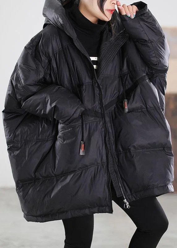 Women's Sports Apparel Women Black Hooded drawstring Duck Down Down Jacket Winter