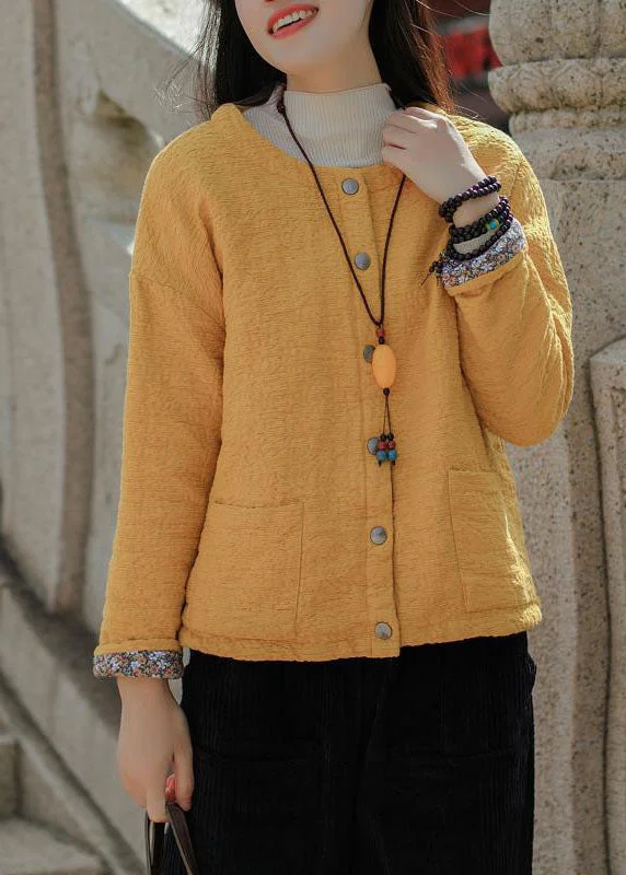 Chic And Affordable Fashion – Shop Now And Save Bohemian Yellow Jacquard Solid Fine Cotton Filled Coat Outwear Winter