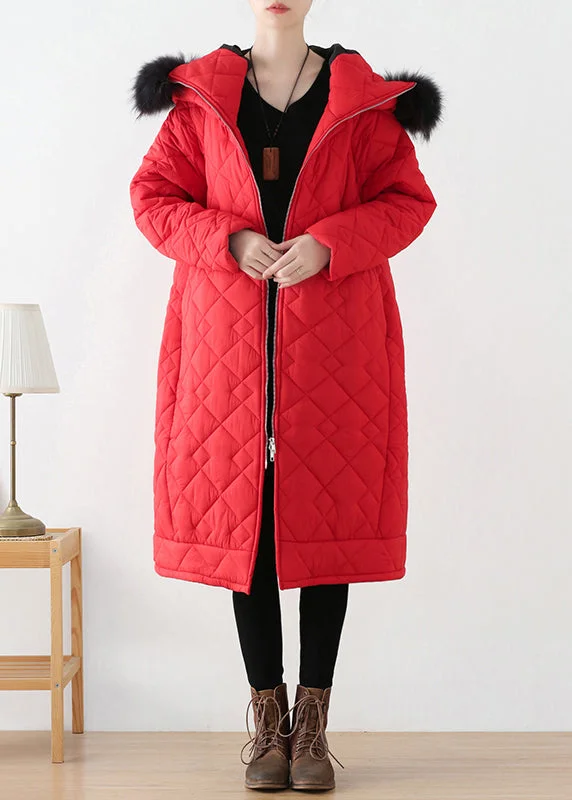 Women's Tops And Clothing Plus Size Red Zippered Thick Hooded Long Parka Winter