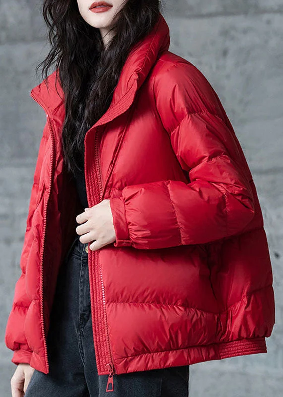 Women's Evening Garments Red Loose Duck Down Puffers Jackets Stand Collar Zip Up Winter