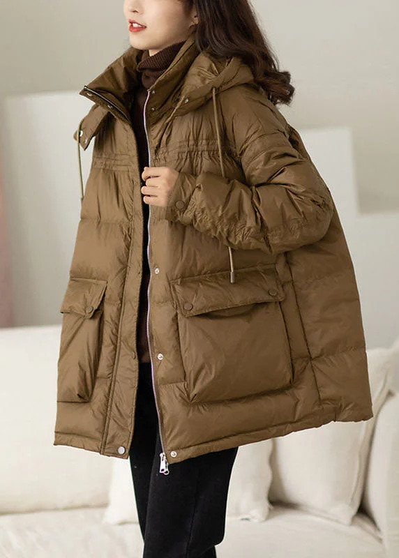 Women's Office Outfit Modern Khaki Hooded Oversized Pockets Duck Down Puffer Jacket Winter