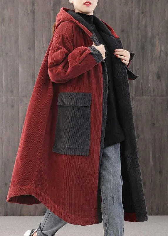 Women's Trendy Garments Elegant Red hooded Pockets Button Winter Coat Long sleeve