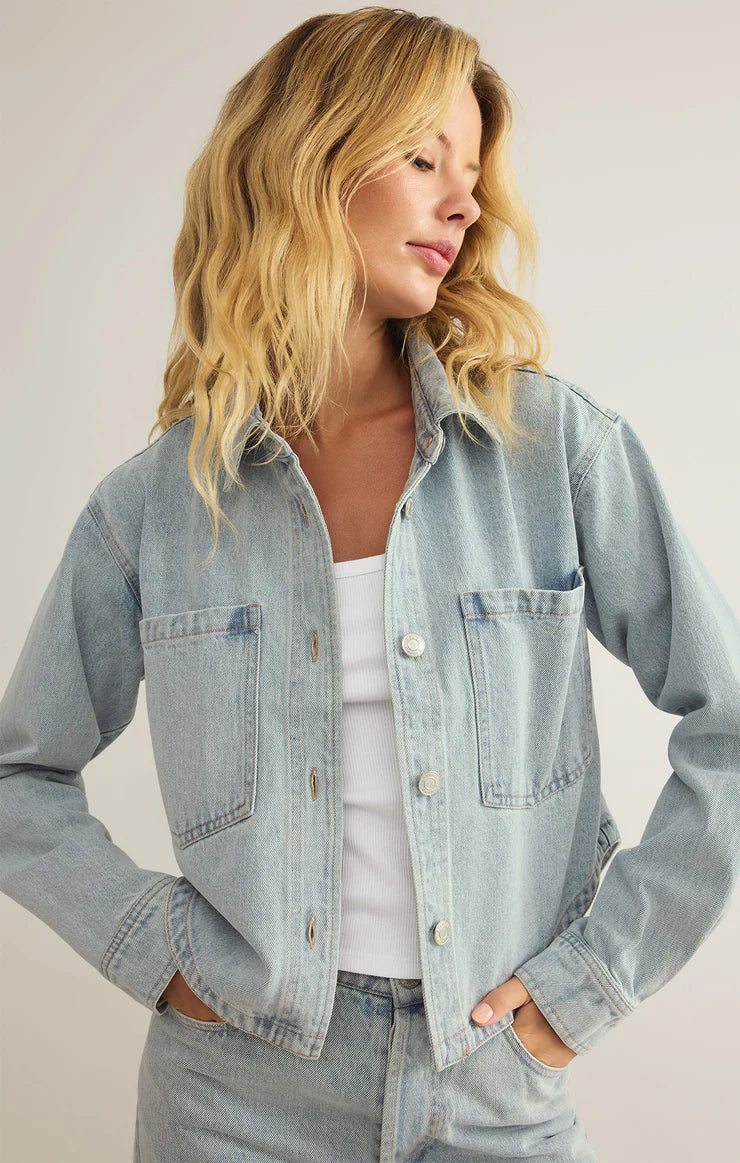 Women's Trendy Activewear Apparel All Day Cropped Denim Jacket I Faded Indigo