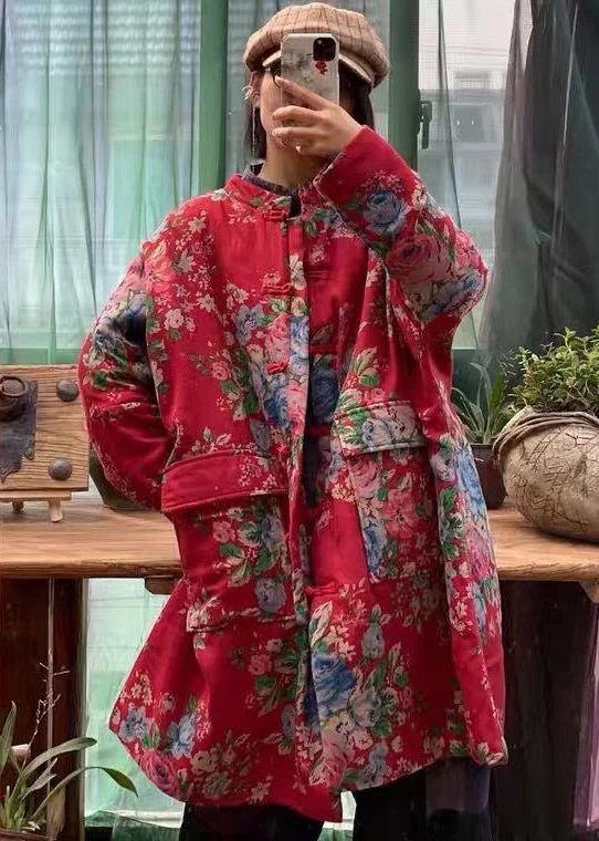 Women's Wedding Apparel Original Design Red Print Pockets Plus Size Fine Cotton Filled Coat Winter