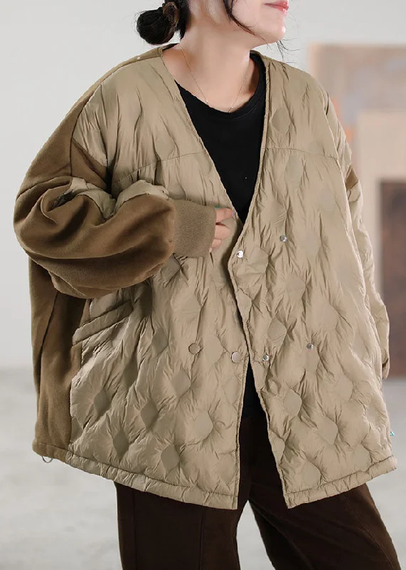 Women's Trendy Clothing Simple Khaki V Neck Patchwork Duck Down down coat Winter