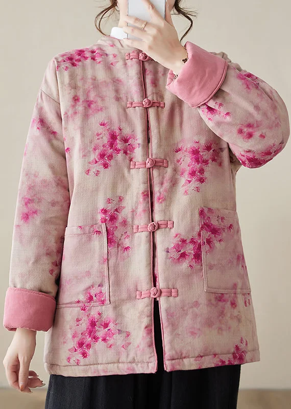 Women's Clothes And Apparel Women Pink Print Button Pockets Cotton Filled Parkas Winter