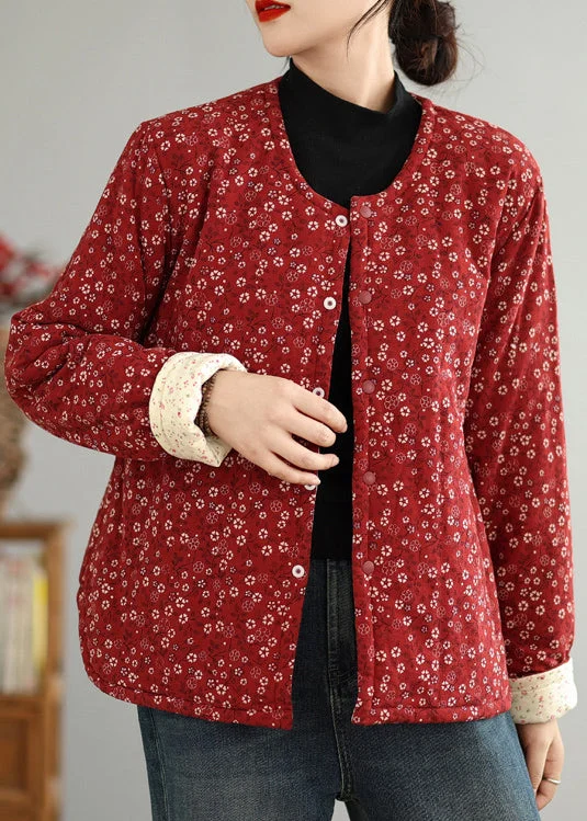 Luxury Women's Clothes Vintage Red O Neck Button Print Thick Coats Winter