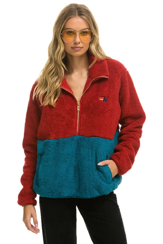 Luxury Women's Clothing TEDDY UNISEX HALF ZIP COLOR BLOCK JACKET - CHERRY