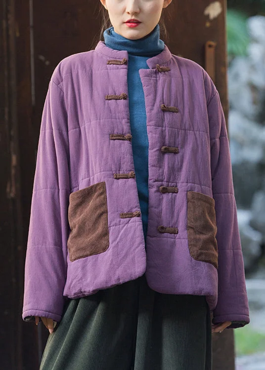 Women's Relaxed Outfit Retro Purple Chinese Button Pockets Thick Parkas Winter