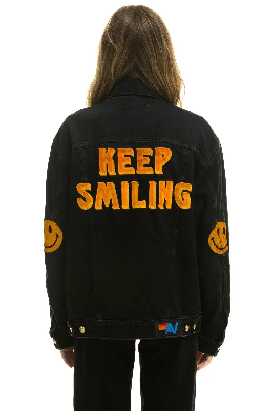 Sustainable Women's Apparel KEEP SMILING OVERSIZED CONCERT DENIM JACKET - VINTAGE BLACK