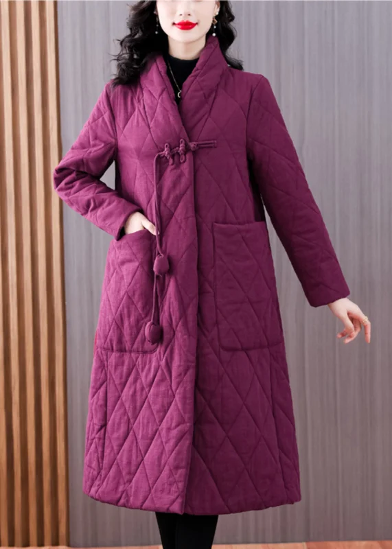 Women's Comfortable Garments Vintage Purple V Neck Pockets Chinese Button Fine Cotton Filled Coat Winter