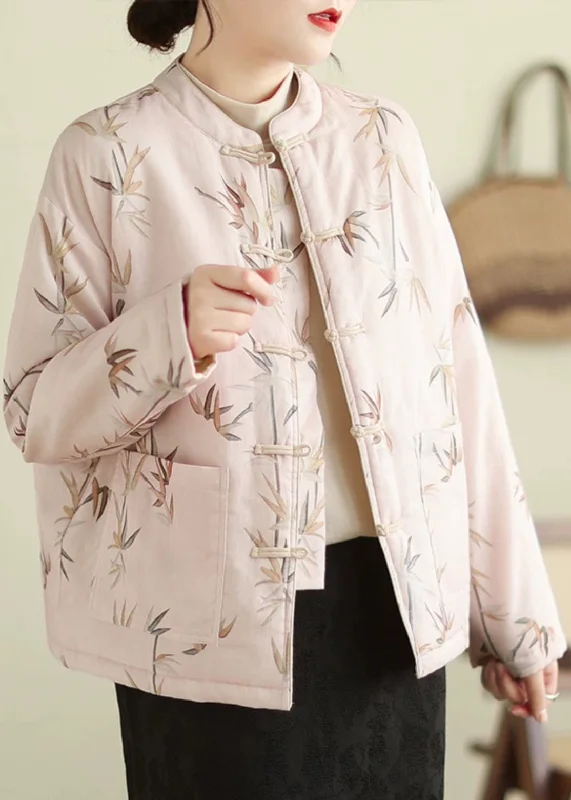 Women's Luxury Apparel Elegant Pink Stand Collar Button Print Thick Coats Winter