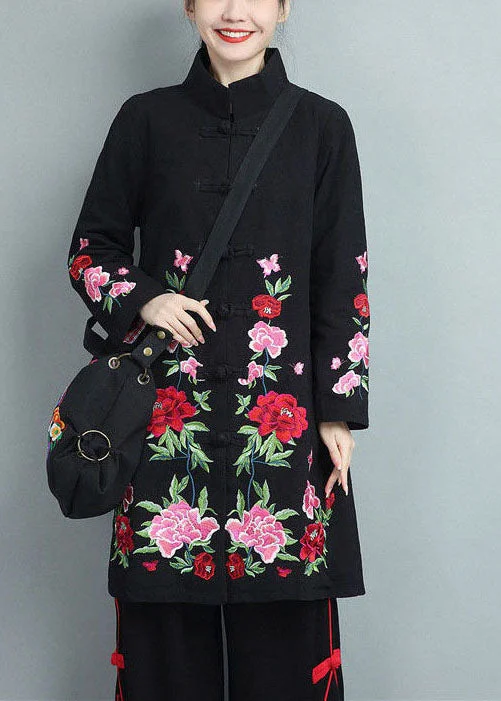 Women's Clothing Apparel Sets Black Cotton Coats Embroideried Oriental Button Fall