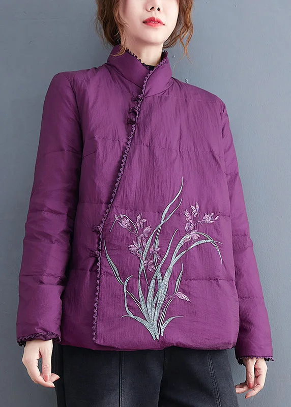 Vintage-Inspired Garments Purple Fine Cotton Filled Jackets Embroideried Stand Collar Winter