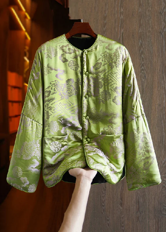 Women's Comfortable Garments Plus Size Green Button Print Pockets Silk Parka Long Sleeve