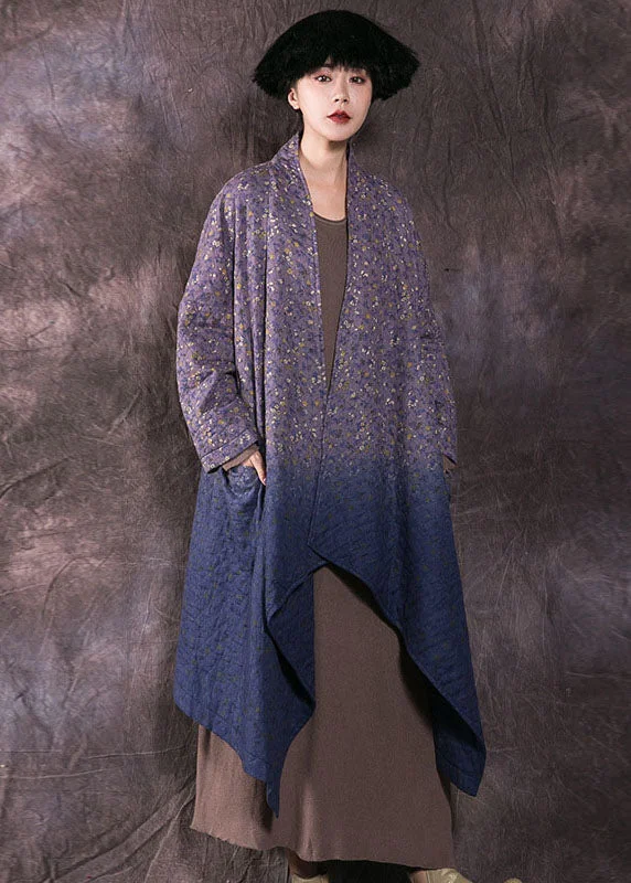 Women's Casual Garments Boho Blue Print Pockets Fine Cotton Filled Winter wrap coat