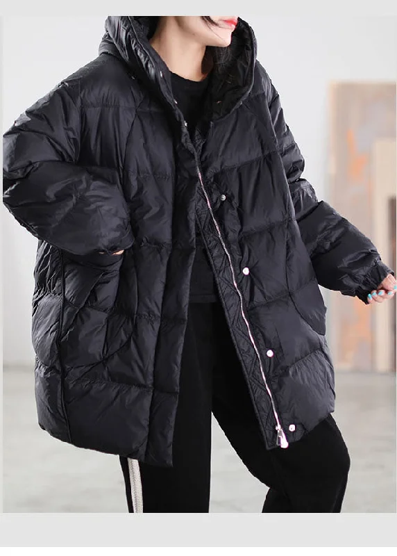 Women's Sports Apparel Loose Black wrinkled Pockets drawstring Duck Down Down Jacket Winter