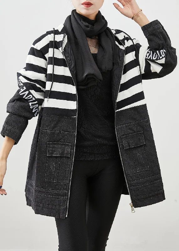 Women's Work Outfit Plus Size Black Hooded Patchwork Striped Fine Cotton Filled Denim Jacket Witner