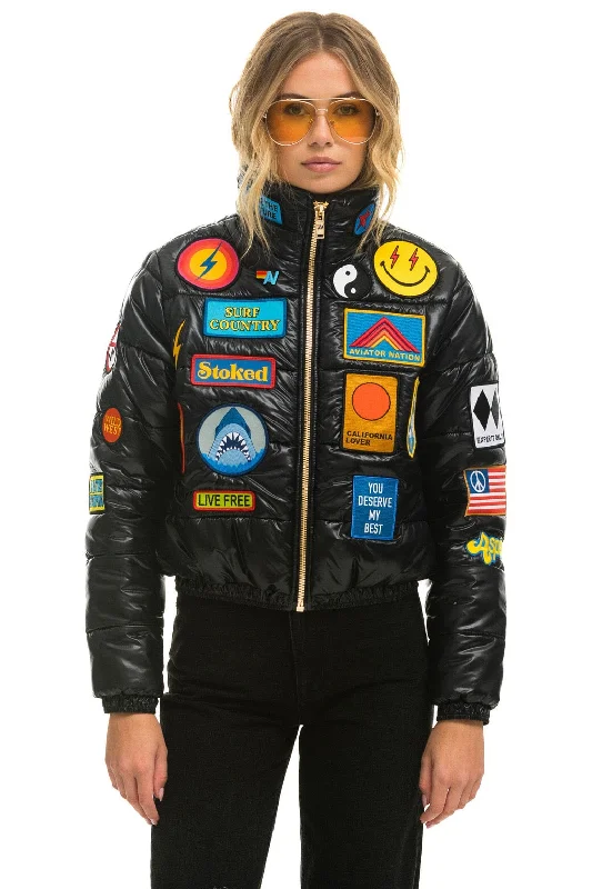 Women's Clothes And Apparel Sets VINTAGE PATCH APRES PUFFER JACKET - BLACK GLOSSY