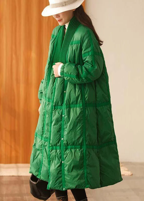 Women's Sporty Chic Clothes Stylish Green V Neck Knit Patchwork Duck Down Down Coats Winter