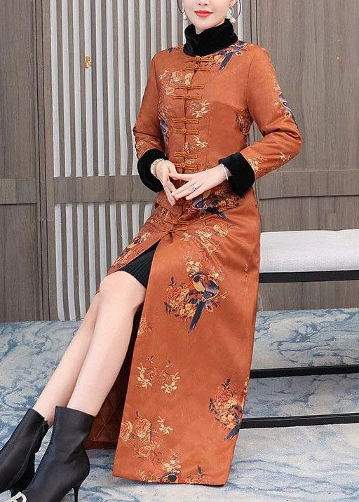 Women's Outfit Chinese Style Orange Stand Collar Print Fine Cotton Filled Coats Winter