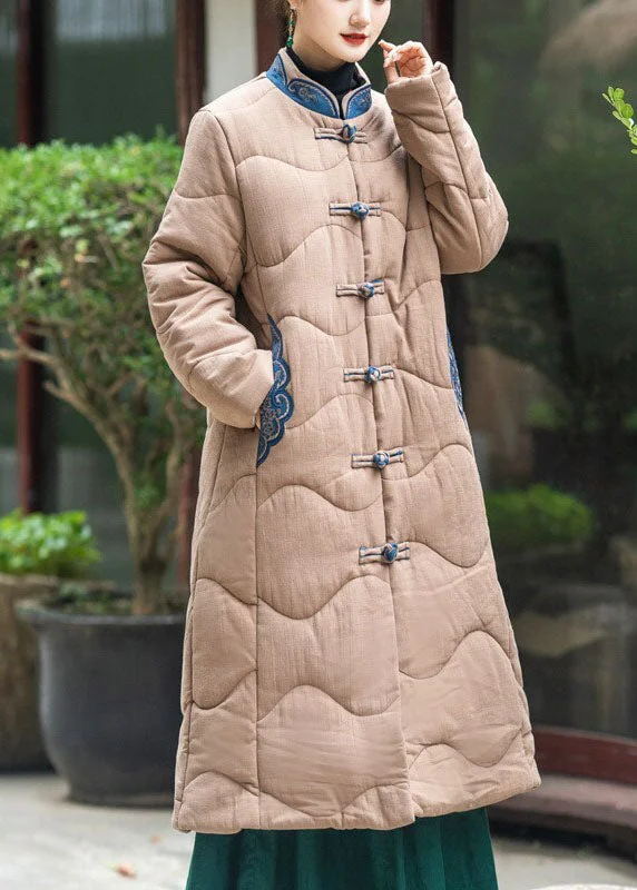 Unmissable Discounts On The Latest Fashion Trends Elegant Khaki Stand Collar Embroideried Lengthen Fine Cotton Filled Witner Coat