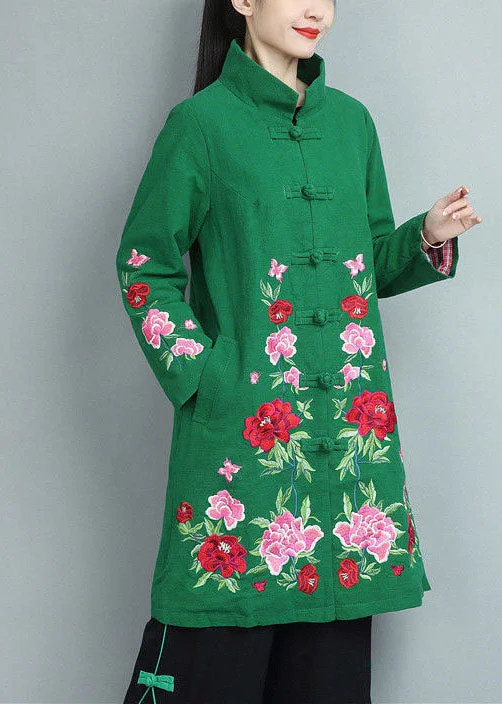 Women's Wedding Apparel Bohemian Green Stand Collar Embroideried Cotton Coats Fall