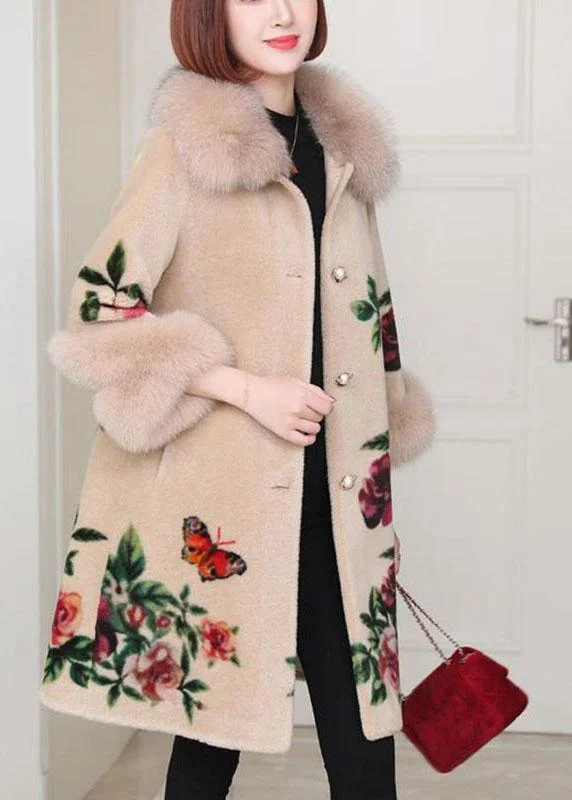 Women's Transitional Outfit Apricot Print Button Thick Winter Long sleeve Coat