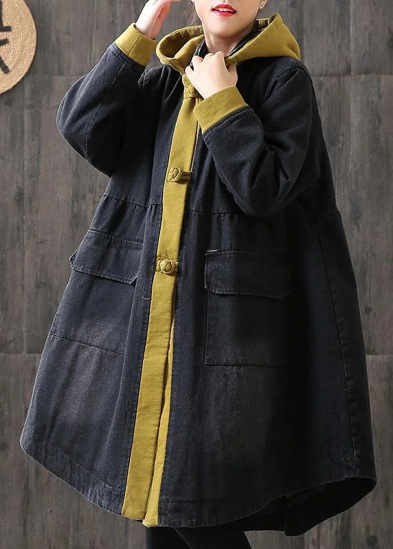 Fashionable Women's Outfit Organic Yellow hooded Button Pockets Patchwork Winter Cotton Long sleeve Coat