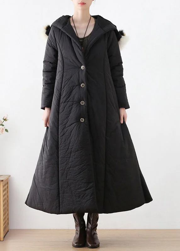 Women's Urban Clothing Bohemian Black Button Hooded Long Parka Winter