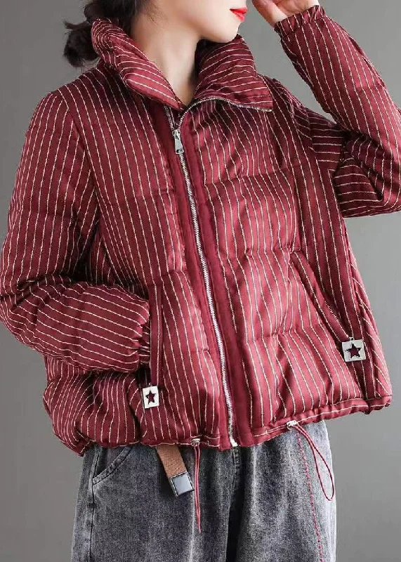 Women's Clothing For Travel Chic Red Striped Stand Collar zippered Winter Chiffon Puffers Jackets