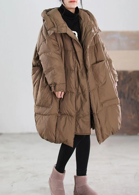 Luxury Women's Clothes Plus Size Coffee Hooded Oversized Big Pockets Duck Down Down Coats Winter