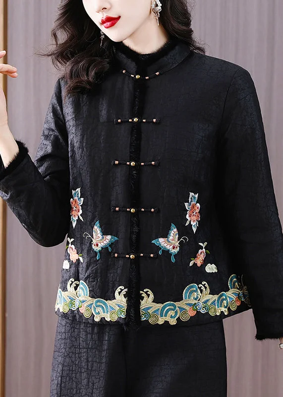 Women's Transitional Garments Handmade Vintage Black Embroidered Fine Cotton Filled Jacket Winter