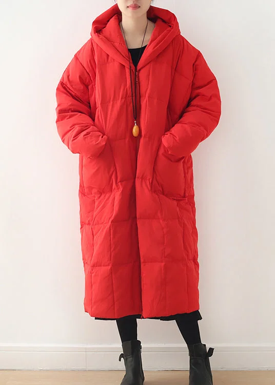 Women's Clothing Sets Red Zippered Pockets Hooded Down Coat Long Sleeve