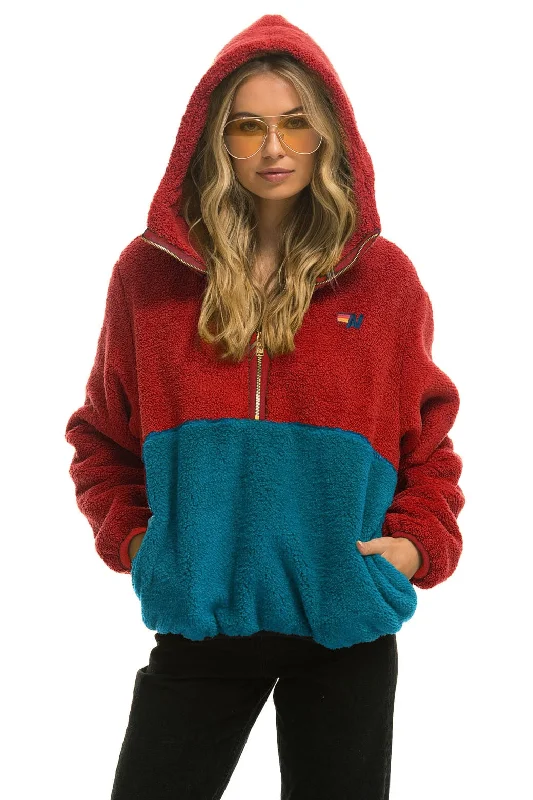 Premium Fashion At Budget-Friendly Prices TEDDY UNISEX HOODED HALF ZIP COLOR BLOCK JACKET - CHERRY